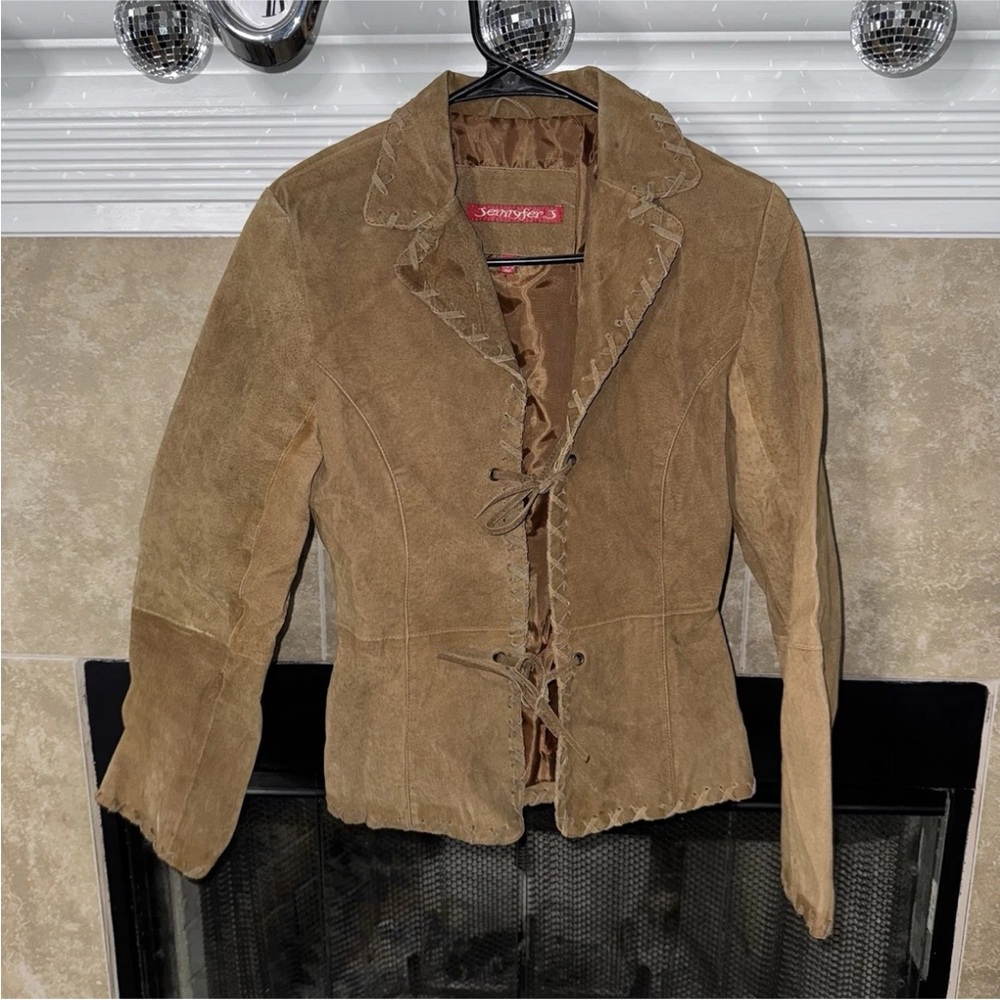 Suede Tie-Front Leather Jacket in Brown